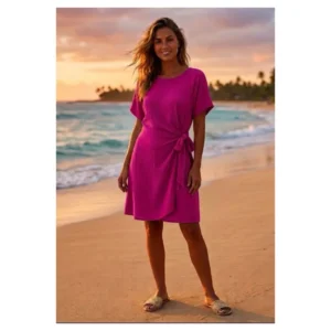 Viscose jurk met strik donkerfuchsia