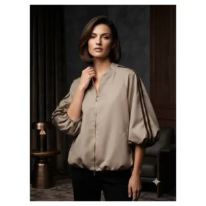 Luchtige oversized jas met driekwart mouw en bies details Taupe