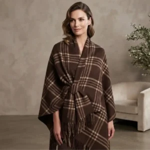 Poncho/cape met franjes en ruit details bruin